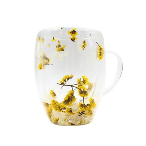 Cană cu flori uscate statice yellow, pereți dubli, sticlă borosilicată, 350 ml, SZK103