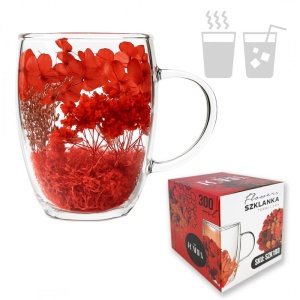 Cană cu hortensii și gypsophila roșii, pereți dubli, sticlă borosilicată, 300 ml, SZK193