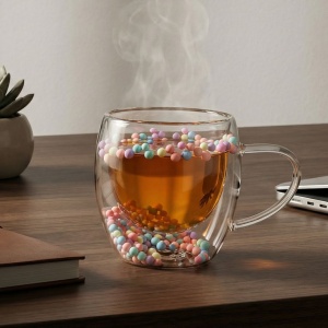 Cană cu inserție de biluțe colorate pastel, pereți dubli, sticlă borosilicată, 250 ml, Aurora Bloom