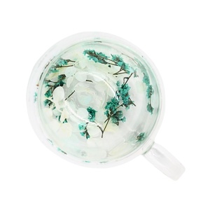 Cană cu inserție de flori uscate alb și turquoise, hortensie și limonium, pereți dubli, sticlă borosilicată, 250 ml, Aurora Bloom