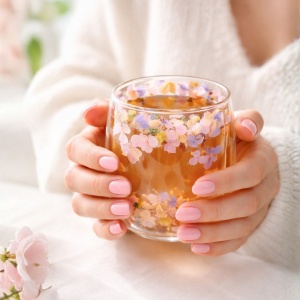 Cană cu inserție de flori uscate, hortensie culori pastel, pereți dubli, sticlă borosilicată, 250 ml, Aurora Bloom