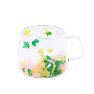 Cană cu inserție de flori uscate, hortensie galben, verde și roz, pereți dubli, sticlă borosilicată, 200 ml, Aurora Bloom