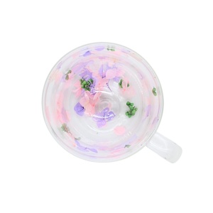 Cană cu inserție de flori uscate, hortensie mov și roz, pereți dubli, sticlă borosilicată, 200 ml, Aurora Bloom