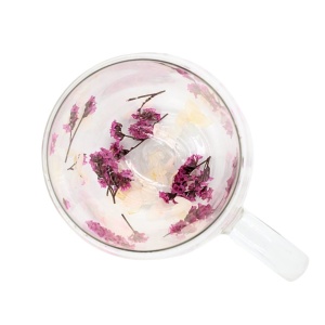 Cană cu inserție de flori uscate roz, hortensie și limonium, pereți dubli, sticlă borosilicată, 250 ml, Aurora Bloom