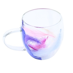 Cană cu inserție de pene mov, roz, albastru și alb, pereți dubli, sticlă borosilicată, 250 ml, Aurora Bloom