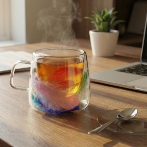 Cană cu inserție de pene multicolore, pereți dubli, sticlă borosilicată, 200 ml, Aurora Bloom