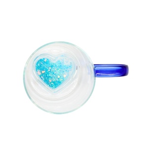 Cană cu model 3D inimioară albastra, pereți dubli, sticlă borosilicată și inserție de sclipici, 300 ml, Aurora Glow