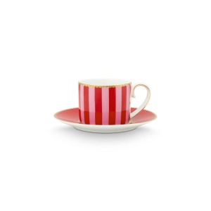 Cană espresso cu farfurioară, Pip Studio, 125ml, Stripes Red and Pink, colecția Love Birds