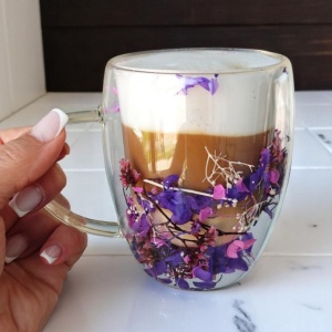 Cană termo, din sticlă borosilicată, cu gypsophila, hortensii, trandafiri, 300 ml, pereți dubli, eCarla, SZK166
