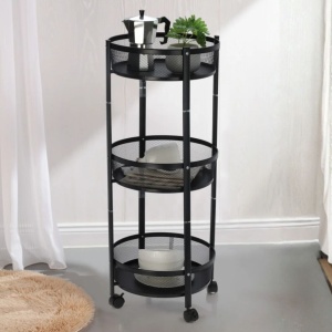 Cărucior de depozitare cu 3 coșuri rotunde din plasă metalică – Mobil cu roți, culoare negru Ø37x88 cm