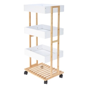 Cărucior de Depozitare cu 3 Rafturi – Structură din Bambus și Tăvi MDF albe – Mobil cu Roți – 87,5 x 40 x 30 cm