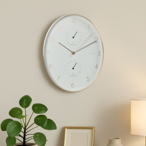 Ceas de perete cu stație meteo, 34 cm, alb cu auriu, design modern
