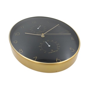 Ceas de perete cu stație meteo, 34 cm, negru cu auriu, design modern