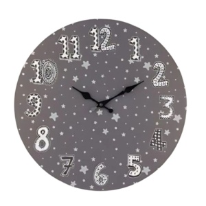 Ceas de perete pentru camera copilului, 33 cm, mdf, model steluțe gri