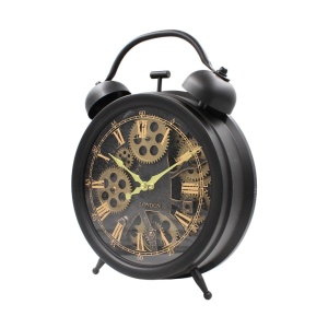 Ceas decorativ stil vintage – mecanism vizibil, cifre romane aurii, design cu roți dințate