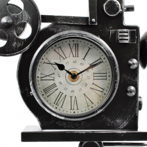 Ceas retro, model camera video cu trepied, metalic, culoare negru vintage