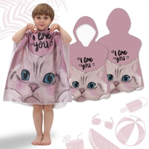 Children's hooded poncho towel, cat design, "I love you," 60x60 cm, beach cape, pink
