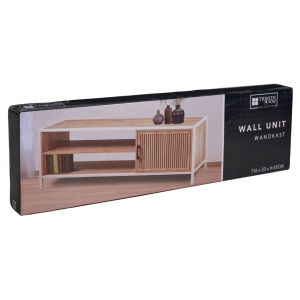 Comodă cu cadru metalic și rafturi MDF, design natural cu ușă din lemn, 116x33x45 cm, alb