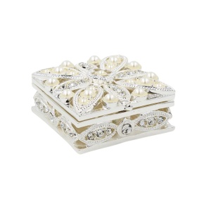Cutie Bijuterii Pătrată 5x5 cm cu Flori, Perle și Strasuri AZAY – Casetă Bijuterii Elegantă, Cutie Inel, Cutie Cadou Femei cu Ambalaj Premium