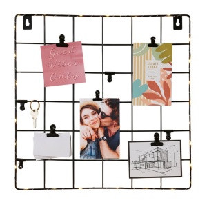 Panou decorativ, metalic, pentru perete, cu cleme și lumini LED, 36x36 cm