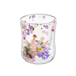Double-walled borosilicate glass cup with dried flower insert (pastel-colored hydrangeas and limonium), 200 ml, Aurora Bloom