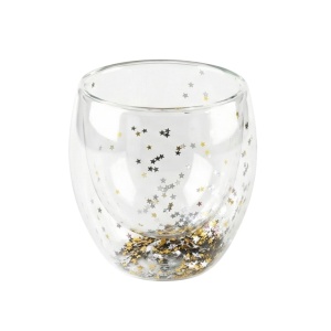 Double-walled borosilicate glass tumbler with grey and gold star-shaped confetti insert, 250 ml, Aurora Glow