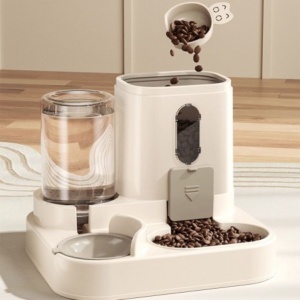Dozator automat pentru hrană și apă, 2 în 1, 650 ml apă, recipient hrană 0.5 kg, pentru pisici și câini mici, 25x23x20 cm, crem