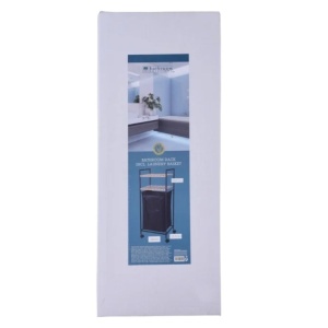 Etajeră de baie mobilă cu coș pentru rufe, cadru metalic negru și polițe din bambus 38x32,5x89.5 cm