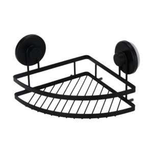 Etajeră metalică de colț pentru baie, cu două ventuze, culoare negru, 20x20x12,5 cm