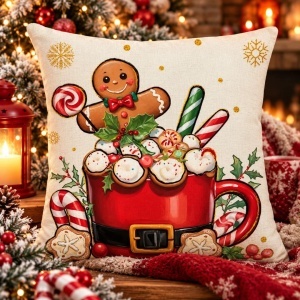 Față de pernă decorativă, de Crăciun, BOHO, 45 × 45 cm, cu om de turtă dulce, cană roșie și dulciuri festive, POD199
