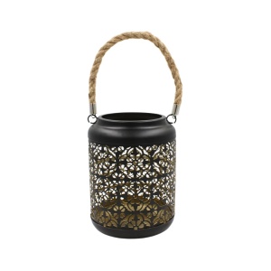 Felinar decorativ, din metal, cu model perforat floral și mâner din sfoară, 17 cm, Arti Casa