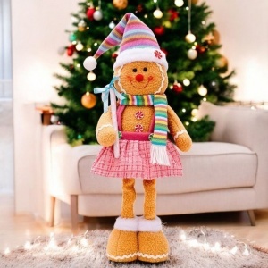 Figurină decorativă, de Crăciun, doamna turtă dulce, picioare telescopice, înălțime reglabilă 34–52 cm, pluș, KSN168