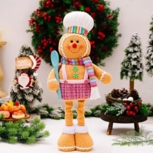 Figurină decorativă, de Crăciun, om de turtă dulce bucătar, picioare telescopice, înălțime reglabilă 34–52 cm, pluș, KSN169
