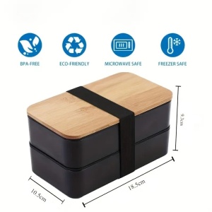 Lunch box dublu, 1.3 l, cu capac din bambus și tacâmuri incluse, 2 nivele, negru, 8.5 x 10.5 x 9.3 cm, eCarla, PJM43