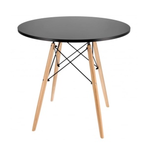 Masă rotundă Jumi, model scandinav, 80x80 cm, din MDF negru, cu picioare din lemn masiv