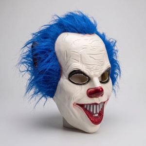Mască pentru Halloween clovn înfricoșător cu păr albastru, pentru costum și petreceri tematice