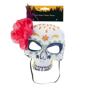 Mască Santa Muerte pentru Halloween, cu floare roz și pene, model craniu mexican multicolor