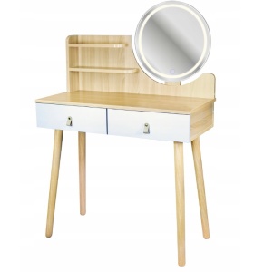 Măsuță de toaletă Scandi 4, oglindă rotundă LED 40 cm, 3 tipuri de lumină (rece, caldă, naturală), 125x80x40 cm, MDF + lemn de pin, culoare alb natur