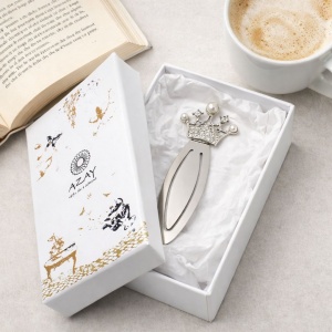 Metal Crown Bookmark with Pearls and Crystals, 9.5 x 3.5 cm, Silver, in Gift Box with Tissue Paper, AZAY