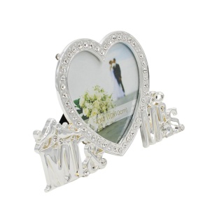 Ramă Foto Nuntă „Mr & Mrs” în Formă de Inimă cu Strasuri, 10x10 cm, AZAY – Cadou pentru Miri, Cuplu, Aniversare, Valentine’s Day, Decor Romantic Argintiu
