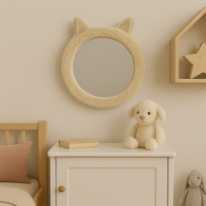 Oglindă decorativă, pentru camera copilului, model pisicuță, 31 cm, culoarea crem