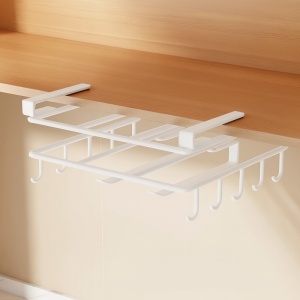 Organizator de bucătărie, suspendat, din metal, cu raft și cârlige pentru ustensile și căni, Ecarla, culoarea alb, 25×25×9,7 cm, OR116B