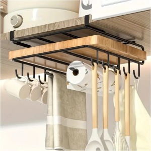 Organizator de bucătărie, suspendat, din metal, cu raft și cârlige pentru ustensile și căni, Ecarla, culoarea negru, 25×25 ×9,7 cm, OR116CZ