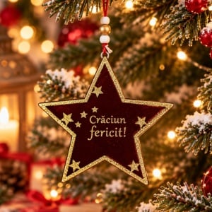 Ornament brad Stea Crăciun Fericit 12x12 cm