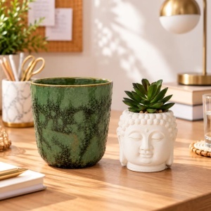 Pachet plantă artificială suculentă în ghiveci de ciment Buddha, 12,5 cm, alb cu verde + mască de ghiveci verde Mica, 15×12 cm