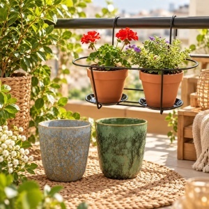 Pachet suport metalic dublu pentru ghivece 39×26 cm + 2 măști ceramice bleu & verde, 15×12 cm