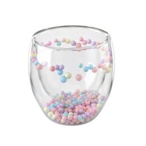 Pahar cu inserție de biluțe colorate pastel, pereți dubli, sticlă borosilicată, 250 ml, Aurora Bloom