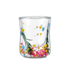 Pahar cu inserție de flori uscate, floarea miresei galben, roz și verde, pereți dubli, sticlă borosilicată, 200 ml, Aurora Bloom