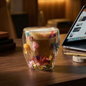 Pahar cu inserție de flori uscate multicolor, hortensie, pereți dubli, sticlă borosilicată, 250 ml, Aurora Bloom