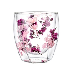 Pahar cu inserție de flori uscate roz, hortensie și limonium, pereți dubli, sticlă borosilicată, 250 ml, Aurora Bloom